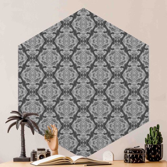 Hexagon Behang Watercolour Baroque Pattern In Front Of Dark Gray