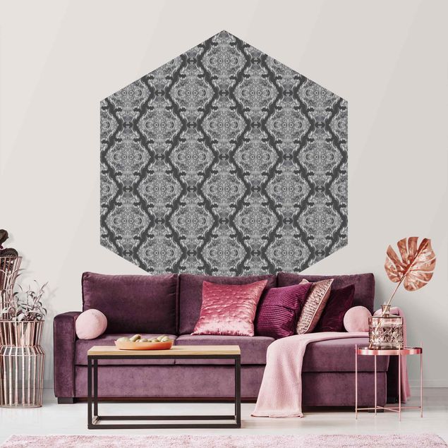 Hexagon Behang Watercolour Baroque Pattern In Front Of Dark Gray