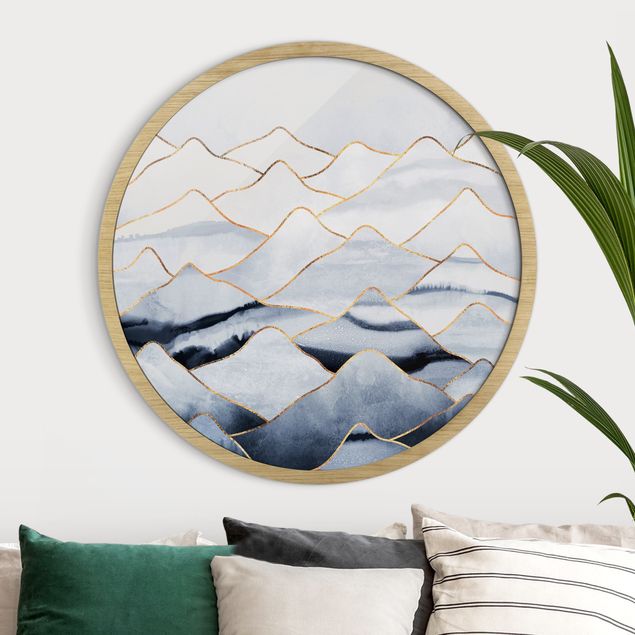 Runde Bilder mit Rahmen Watercolour Mountains White Gold