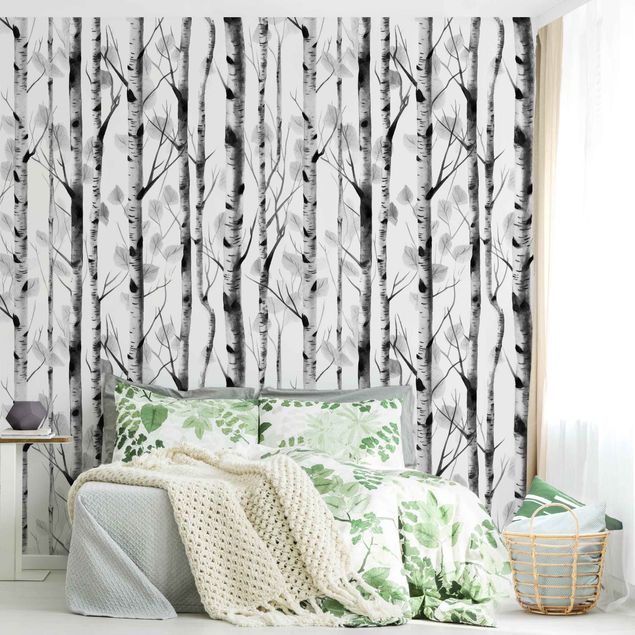 Fotobehang - Watercolour Birch Forest In Black And White