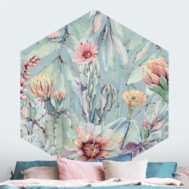 Hexagon Behang Watercolour Blooming Cacti Bouquet