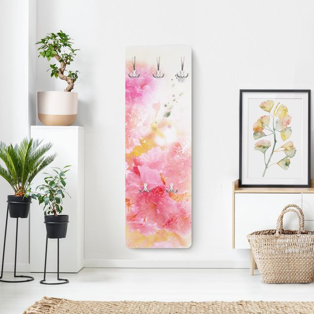 Wandkapstokken houten paneel Watercolour flowers peonies