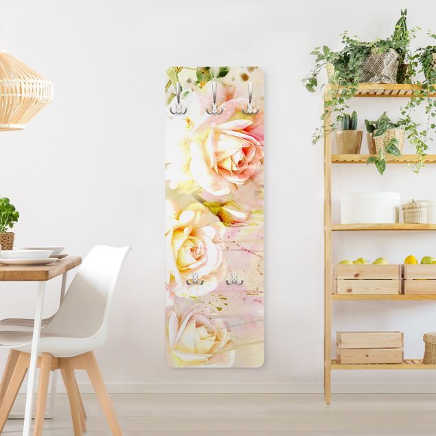 Wandkapstokken houten paneel Watercolour Flowers Roses