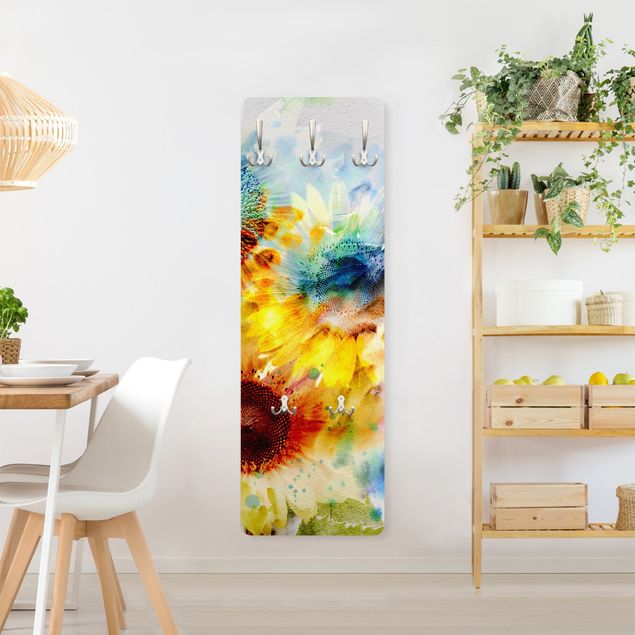 Wandkapstokken houten paneel Watercolour Flowers Sunflowers