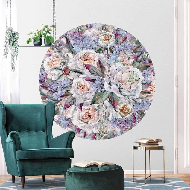 Behangcirkel Watercolour Lilac Peony Bouquet