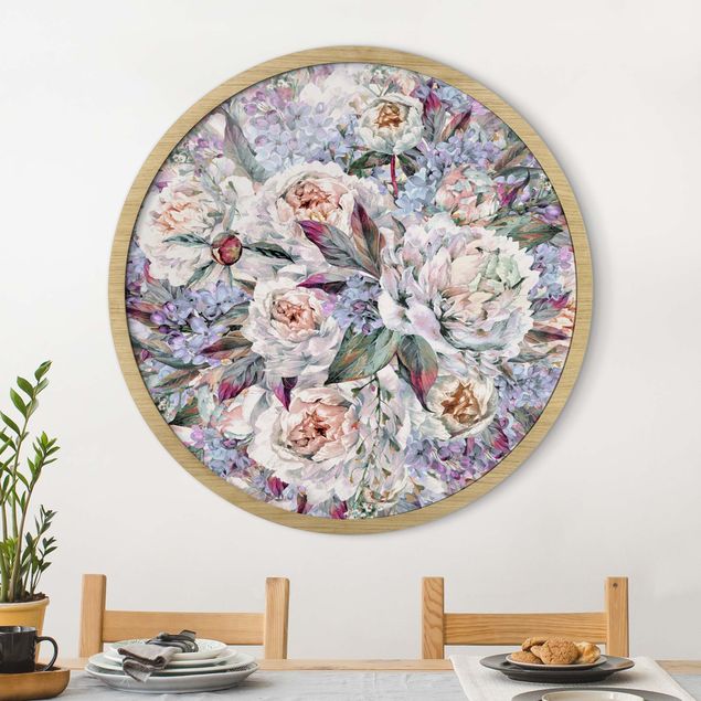Gerahmte Bilder Rund Watercolour Lilac Peony Bouquet