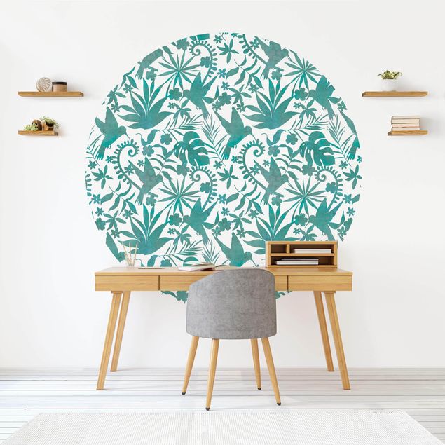 Behangcirkel Watercolour Hummingbird And Plant Silhouettes Pattern In Turquoise