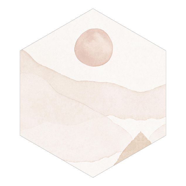 Hexagon Behang Landscape In Watercolour The Sun And The Mountains
