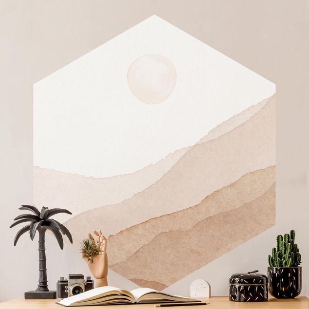 Hexagon Behang Landscape In Watercolour Moon In The Day