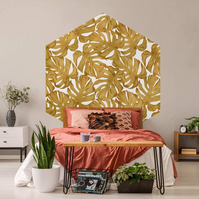 Hexagon Behang Watercolour Monstera Leaves In Gold