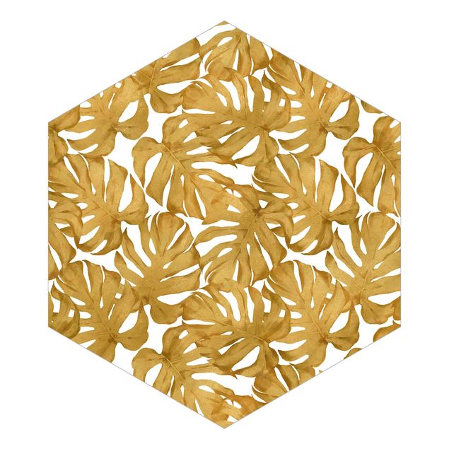 Hexagon Behang Watercolour Monstera Leaves In Gold