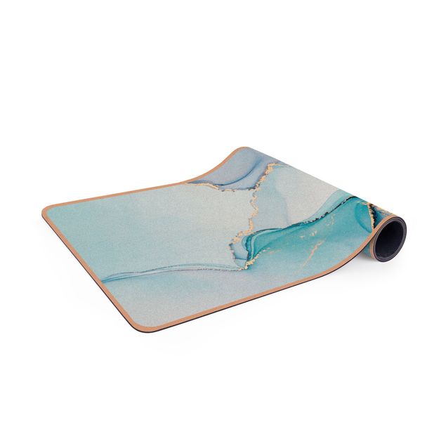 Yogamat kurk Watercolour Pastel Turquoise With Gold