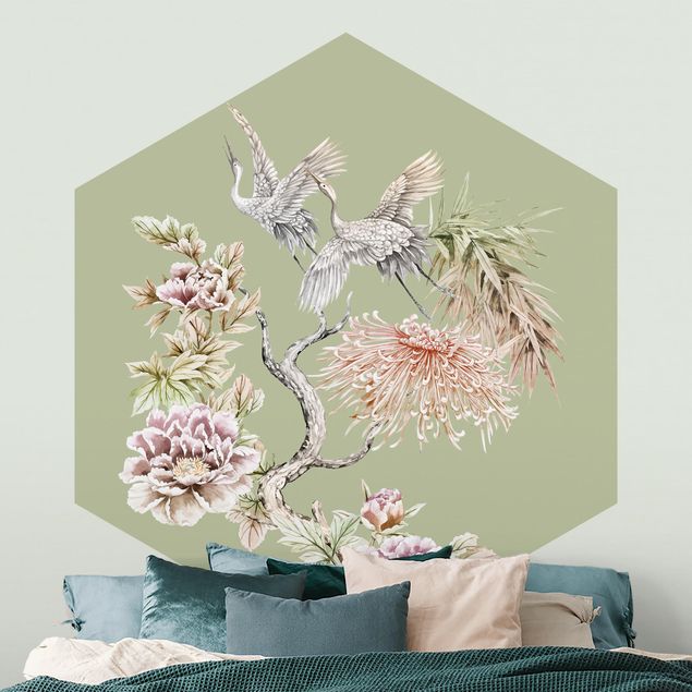 Hexagon Behang Watercolour Storks In Flight With Flowers On Green