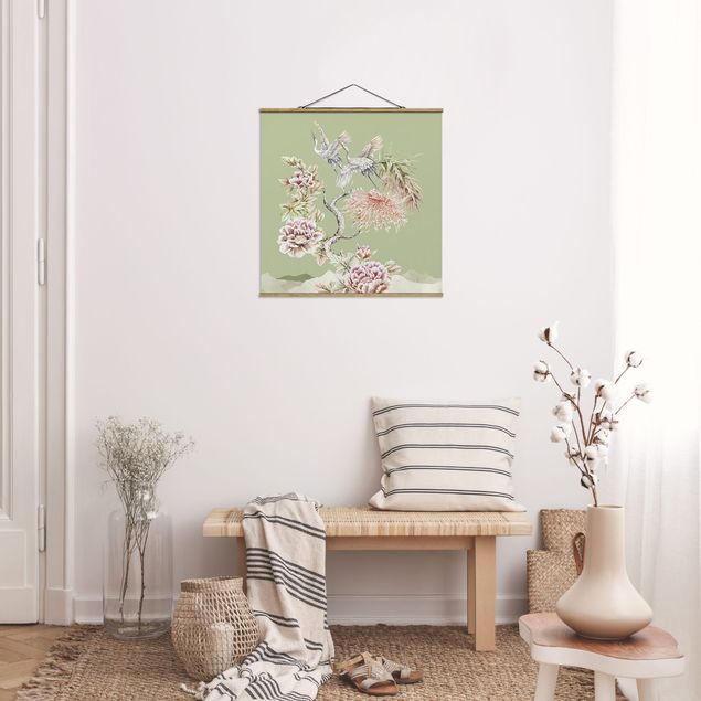Stoffen schilderij met posterlijst Watercolour Storks In Flight With Flowers On Green