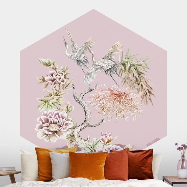 Hexagon Behang Watercolour Storks In Flight With Flowers On Pink