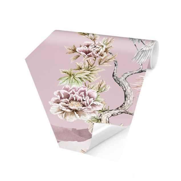 Hexagon Behang Watercolour Storks In Flight With Flowers On Pink