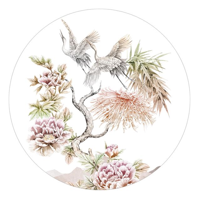 Behangcirkel Watercolour Storks In Flight With Flowers