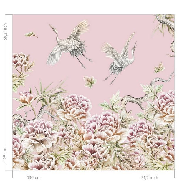 Bloemen gordijnen Watercolour Storks In Flight With Roses On Pink