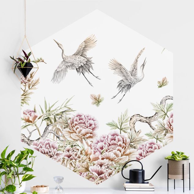 Hexagon Behang Watercolour Storks In Flight With Roses