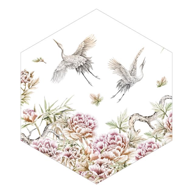 Hexagon Behang Watercolour Storks In Flight With Roses