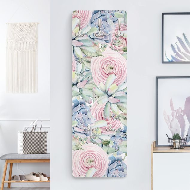 Wandkapstokken houten paneel Watercolour Succulents And Ranunculus Pattern