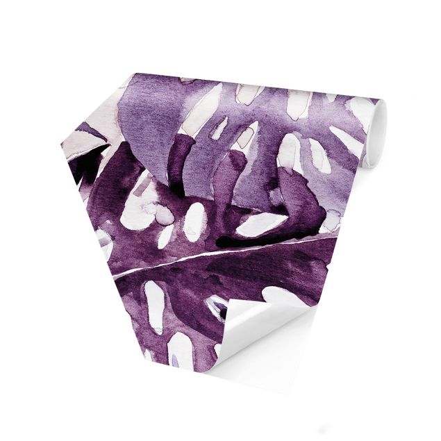 Hexagon Behang Watercolour Tropical Leaves With Monstera In Aubergine