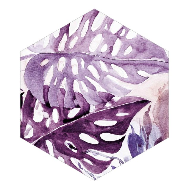 Hexagon Behang Watercolour Tropical Leaves With Monstera In Aubergine