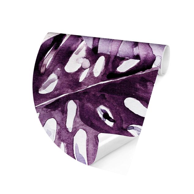 Behangcirkel Watercolour Tropical Leaves With Monstera In Aubergine