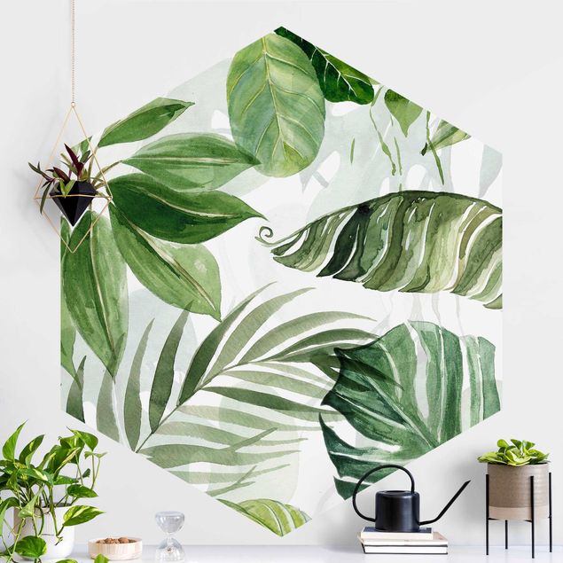 Hexagon Behang Watercolour Tropical Leaves And Tendrils