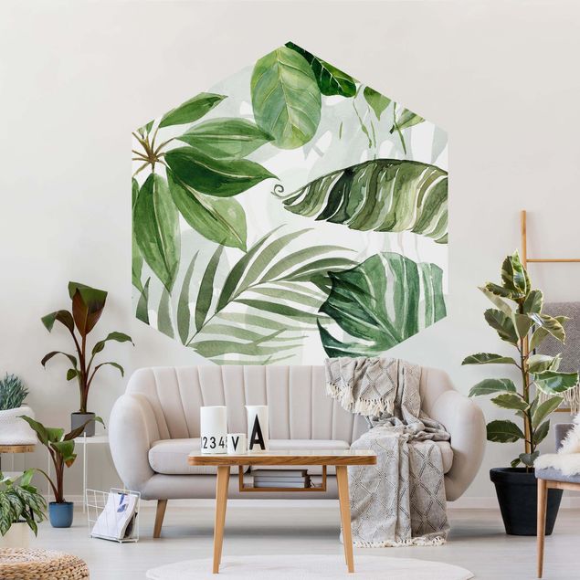 Hexagon Behang Watercolour Tropical Leaves And Tendrils