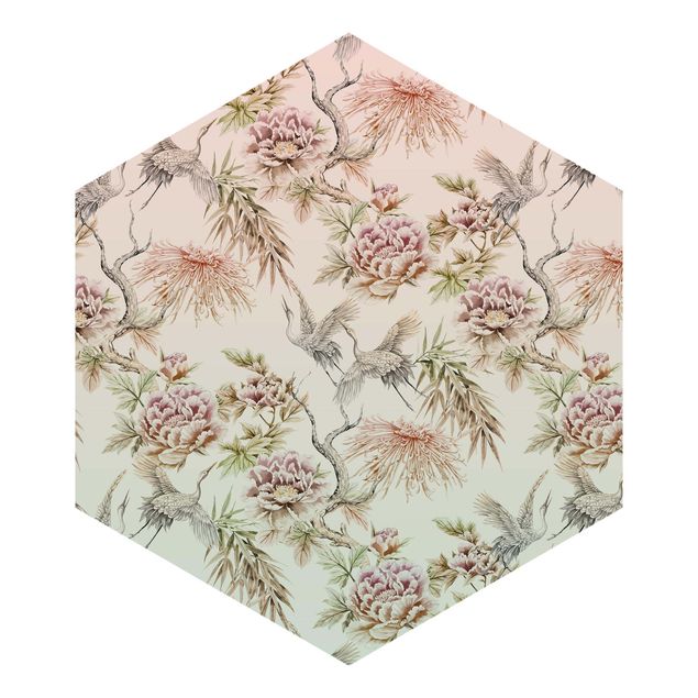Hexagon Behang Watercolour Birds With Large Flowers In Ombre