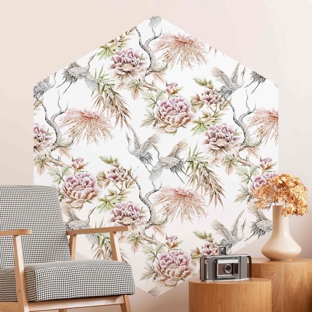 Hexagon Behang Watercolour Birds With Large Flowers