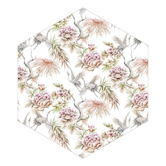 Hexagon Behang Watercolour Birds With Large Flowers