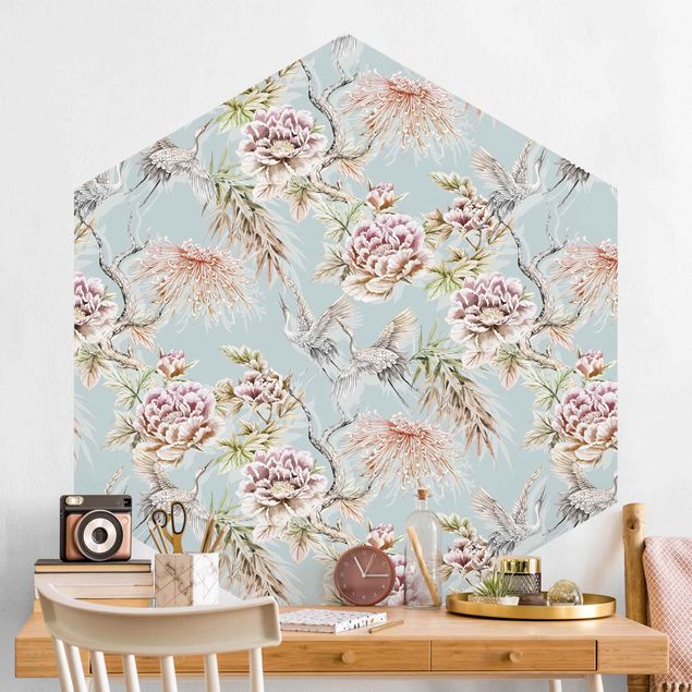 Hexagon Behang Watercolour Birds With Large Flowers In Front Of Blue