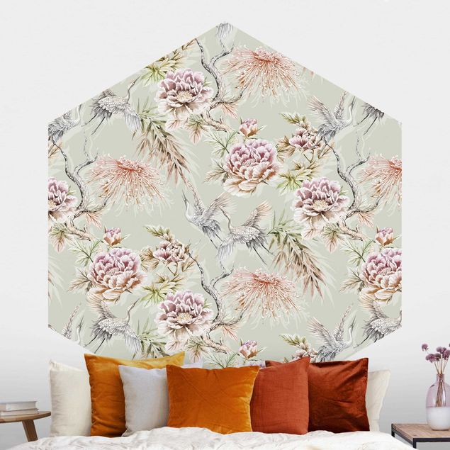 Hexagon Behang Watercolour Birds With Large Flowers In Front Of Mint
