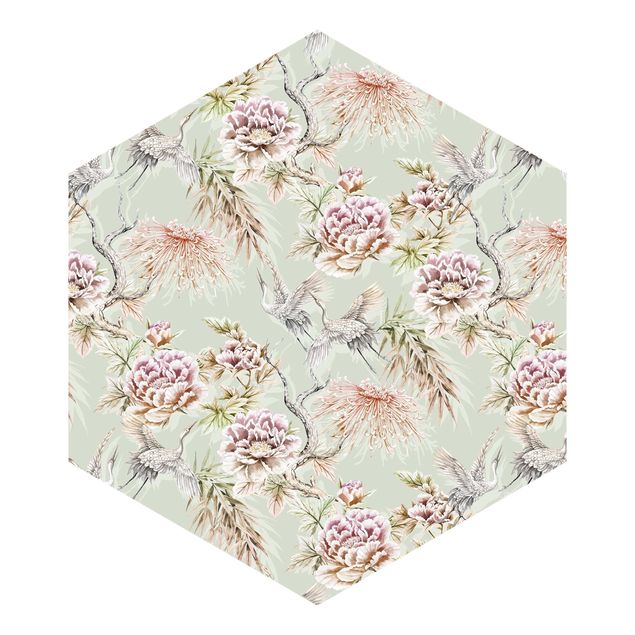 Hexagon Behang Watercolour Birds With Large Flowers In Front Of Mint