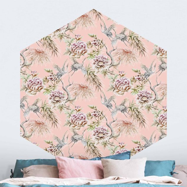 Hexagon Behang Watercolour Birds With Large Flowers In Front Of Pink