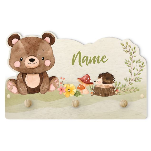 Wandkapstokken voor kinderen Watercolour Forest Animal Bear With Customised Name