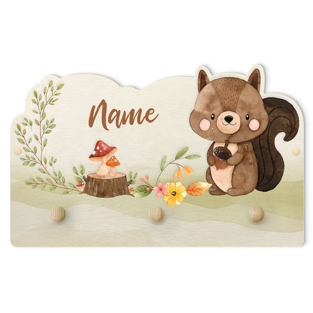 Wandkapstokken voor kinderen Watercolour Forest Animal Squirrel With Customised Name