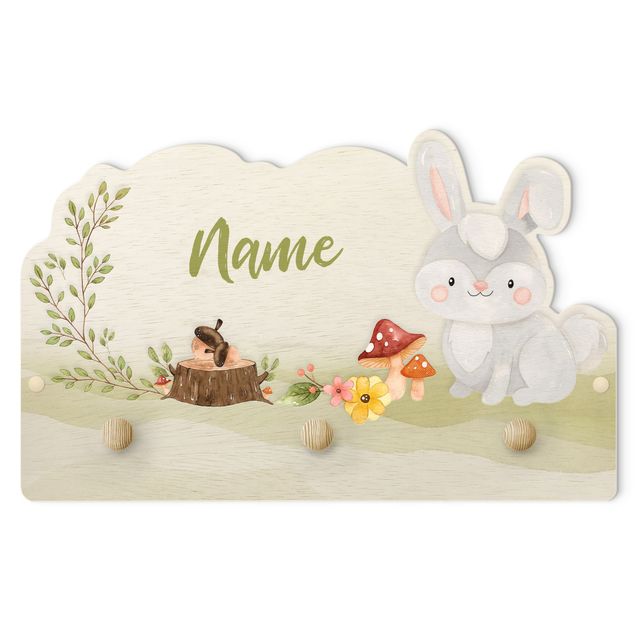 Wandkapstokken voor kinderen Watercolour Forest Animal Bunny With Customised Name