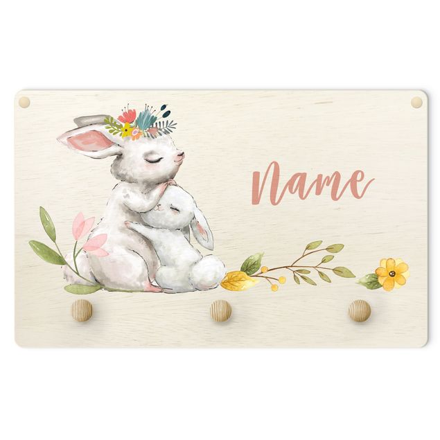 Wandkapstokken voor kinderen Watercolour Forest Animal Rabbit Family With Customised Name