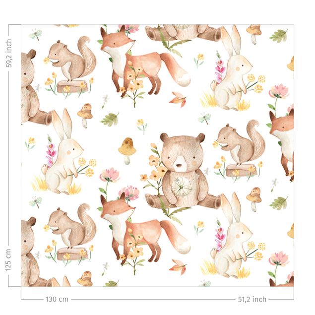 gordijnen bloemen Watercolour Forest Animals Bear And Fox