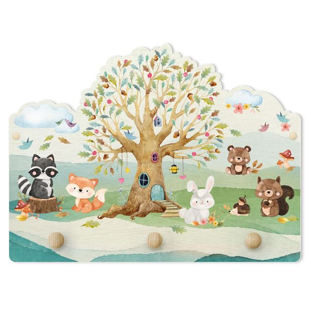 Wandkapstokken voor kinderen Watercolour Forest Animals With Trees
