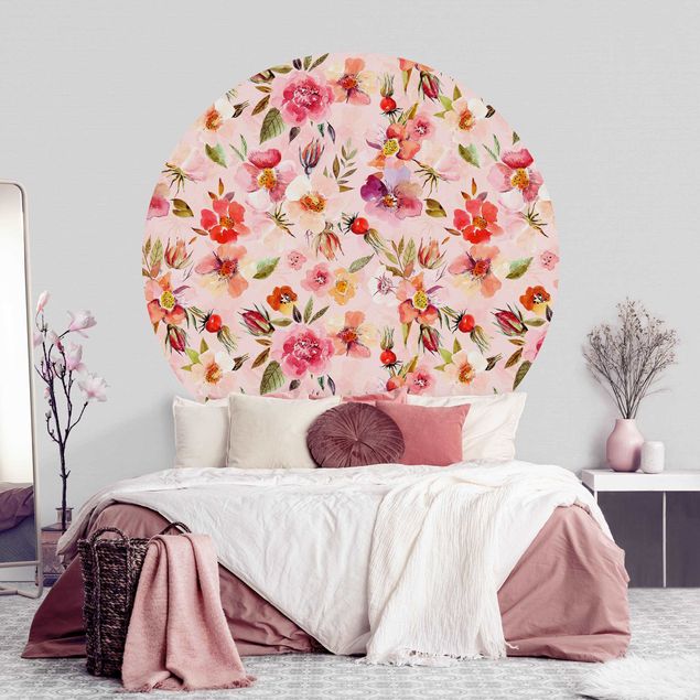 Behangcirkel Watercolour Flowers On Light Pink