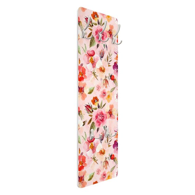 Wandkapstokken houten paneel - Watercolour Flowers On Light Pink