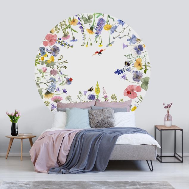 Behangcirkel Watercolour Flowers With Ladybirds