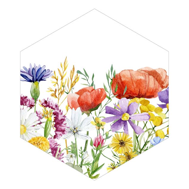 Hexagon Behang Watercolour Flowers