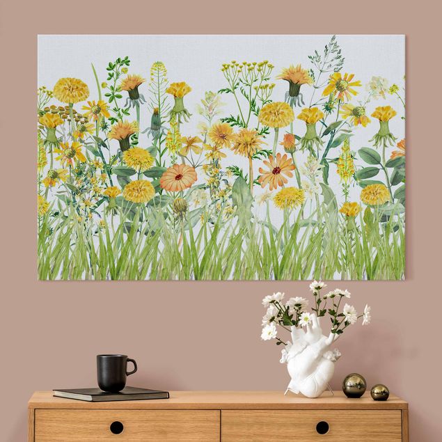 Akoestisch schilderij - Watercolour Flower Meadow In Yellow