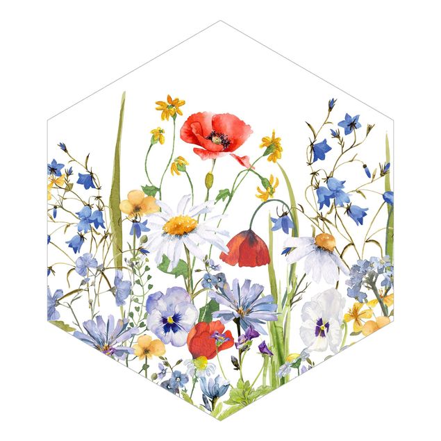 Hexagon Behang Watercolour Flower Meadow With Poppies