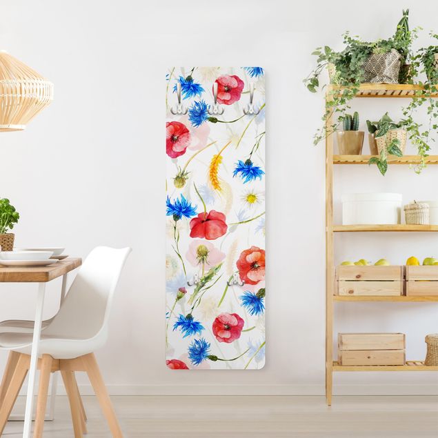 Wandkapstokken houten paneel - Watercolour Wild Flowers With Poppies